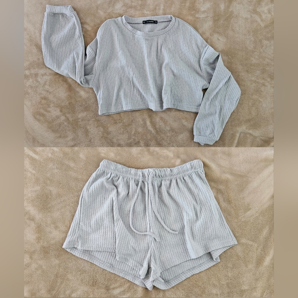 Zaful Gray Ribbed Pajama Set